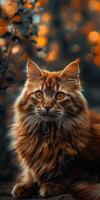 Majestic Close-Up Portrait of a Fluffy Orange Cat with Bright Eyes and Bokeh Background Perfect for Mobile Wallpapers photo