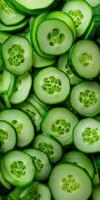 Fresh Green Cucumber Slices Pattern with Textured Details on a Vibrant Background Ideal for Mobile Wallpapers photo