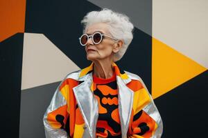 Portrait of a stylish senior woman wearing modern geometric and vibrant fashion with a confident attitude photo