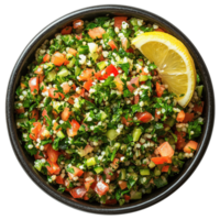 Top View of Traditional Tabbouleh Salad with Fresh Parsley, Bulgur, and Lemon Isolated on Transparent Background png