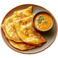 Roti Canai with a Side of Spiced Curry Gravy on a Rustic Plate png