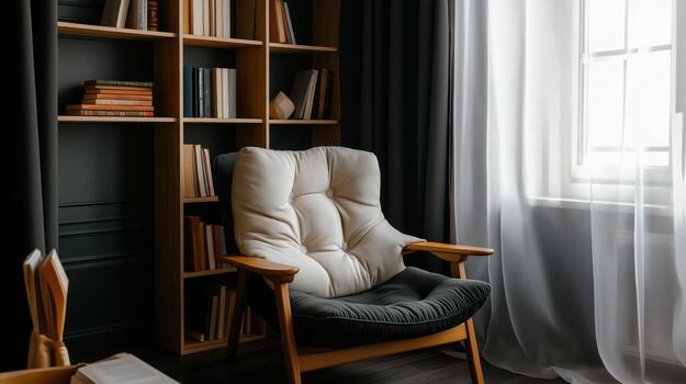 Comfortable cushioned reading chair with bookshelves and soft natural light near window in a cozy home setting photo