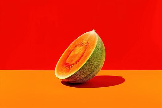 Vibrant Melon Slice Against Bold Red and Orange Background with Modern Artistic Composition photo