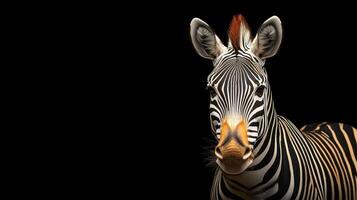 Close-up portrait of a zebra with striking stripes against a black background photo