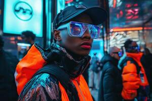 Stylish Young Man in Futuristic Neon Streetwear with Reflective Glasses and Urban Background photo
