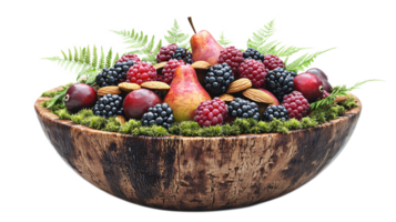 Vibrant Fresh Fruits and Nuts in Rustic Wooden Bowl Surrounded by Greenery and Moss png