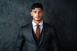 Confident young man wearing a formal black suit and tie posing against a dark textured background photo