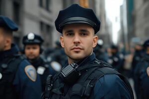 Portrait of a Police Officer in Uniform Standing in a City Street with Colleagues in Background photo