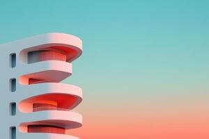 Modern minimalist building with curved architecture and vibrant gradient sky background photo