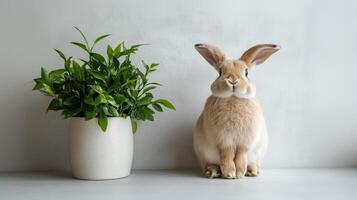 Adorable tan rabbit sitting next to a potted green plant against a minimalist white background photo