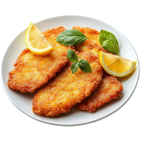 Appetizing Plate of Breaded and Fried Schnitzel Cutlets with Fresh Basil and Lemon png