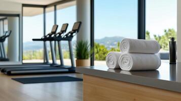 Modern gym with treadmills and neatly stacked white towels offering a panoramic view of lush greenery through large windows photo