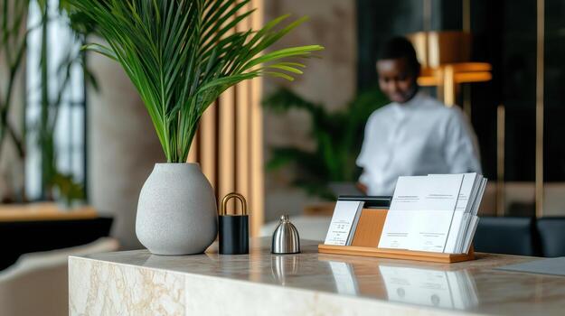 Modern hotel reception desk with vase, brochures, and a bell, with staff in the background photo