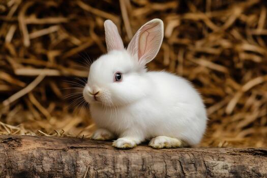 Cute white baby rabbit sitting on a log with a hay-filled background photo