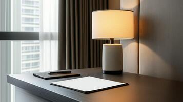 Minimalist desk setup with table lamp notepad and pen near a window with soft natural light photo