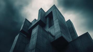 Abstract Brutalist Concrete Building with Dramatic Angles against a Cloudy Sky photo