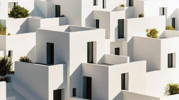 Minimalist modern white architecture with geometric shapes and terraces featuring greenery accents photo