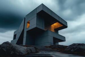 Modern Brutalist Building with Warm Illuminated Window against Dramatic Cloudy Sky photo