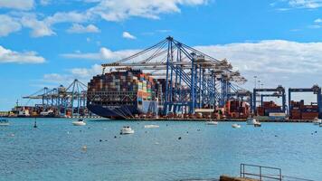 Huge container vessels line pier, container flow fueling commerce pathways, container bustle revealing advanced infrastructure for safe. Birzebbuga, Malta - 01.12.2024 photo