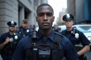 Confident Police Officer in Uniform with Team in City Street Background photo