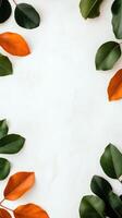 Elegant frame design with green and orange leaves on a white textured background for decoration photo