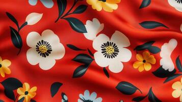 Vibrant floral red fabric with bold flower and leaf patterns in a seamless decorative design photo