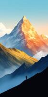 Stunning Mountain Landscape with Silhouette of a Man Holding Binoculars at Sunrise Digital Illustration Ideal for Mobile Wallpapers photo