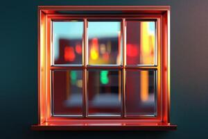 Vibrant close-up of a modern metallic window frame reflecting colorful blurred city lights photo