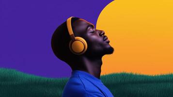 Relaxed Man with Yellow Headphones Enjoying Music at Sunset with Bold Minimalist Background photo