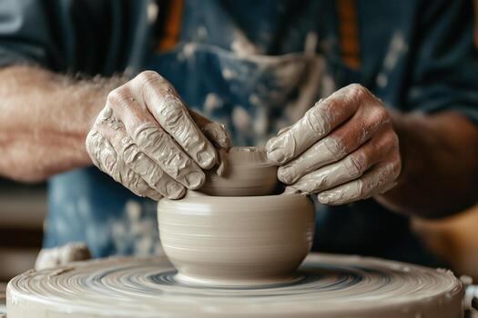 Close-up of hands shaping a ceramic bowl on a spinning pottery wheel in a workshop photo