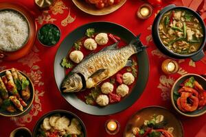 Traditional Chinese New Year Food Arrangement with Dumplings Fish and Festive Decorations on Red Background photo