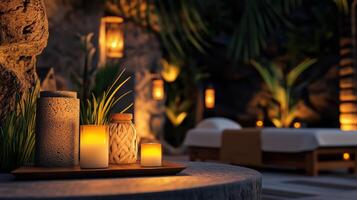 Luxury spa setting with glowing candles and natural decor creating a calming and soothing ambiance photo