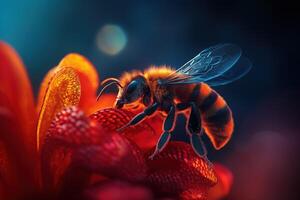 Close-Up of a Honeybee Pollinating a Vibrant Red Flower with Detailed Wings and Fuzzy Body photo