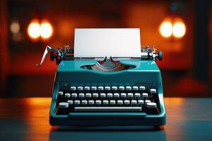 Retro teal typewriter with blank paper on a wooden desk in warm lighting photo