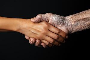 Close-up of a handshake between an elderly hand and a young hand symbolizing unity and trust photo