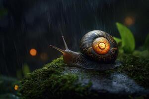 Close-Up of a Snail on Moss in a Rainforest Setting During Rainfall with Dramatic Lighting photo