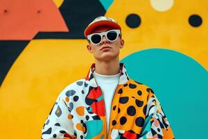 Stylish portrait of a young man wearing colorful streetwear with bold geometric patterns and sunglasses against an abstract background photo