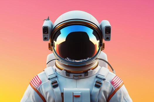 Astronaut in a detailed spacesuit against a vibrant sunset gradient background photo