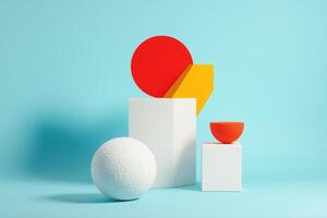 Minimalist abstract 3D geometric shapes with red, yellow, and white elements on a blue background photo