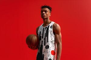 A confident black american basketball player in graphic tank top holding basketball with vibrant red background sporty portrait photo