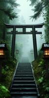 Japanese Torii Gate Surrounded by Lush Green Forest and Stone Stairs in a Serene Setting photo