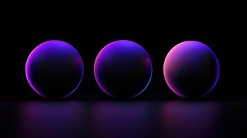 Three glowing neon spheres with gradient purple and pink hues on a black reflective surface futuristic abstract digital art for modern design projects photo