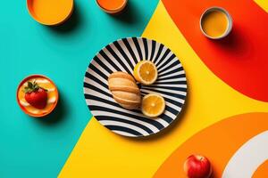 Colorful breakfast layout with fruit, croissant, and juice on geometric patterned background photo