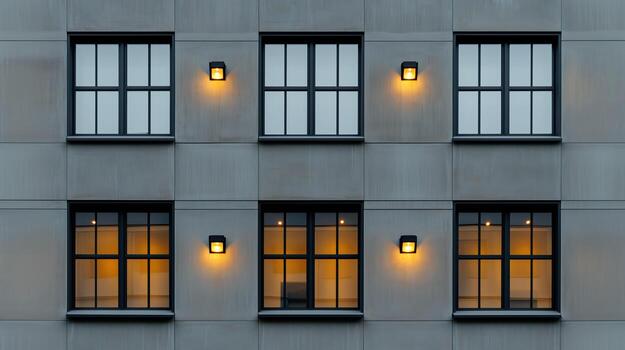 simétrico moderno edificio fachada con iluminado ventanas y exterior pared luces foto