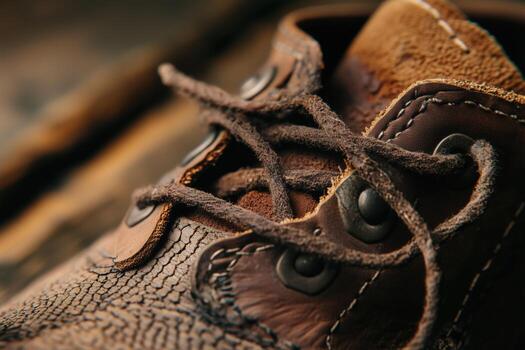 Close-Up of Rustic Leather Shoe with Textured Surface and Worn Laces in Warm Lighting photo