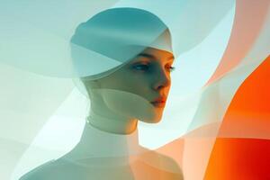 Futuristic artistic portrait of a woman with soft abstract flowing shapes in orange and white tones photo