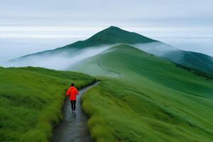 Trail runner in bright orange jacket on scenic green mountain trail surrounded by clouds and mist photo