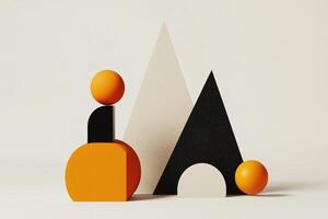 Abstract 3D geometric shapes in isometric design with orange and black elements on neutral background photo