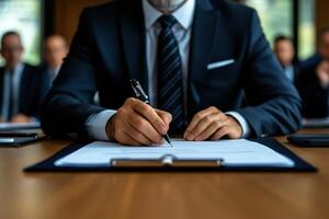 Close-Up of a Businessman Signing a Contract in a Formal Meeting Setting photo