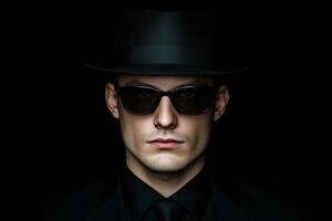 Portrait of a man wearing a black hat and sunglasses against a dark background photo